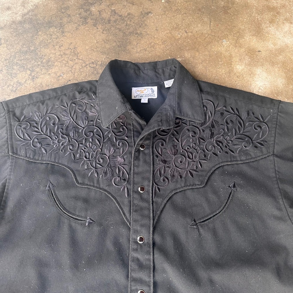Panhandle Slim Western Shirt Mens L Black Excellent Embroidered Pearl Snap Retro - Picture 4 of 7